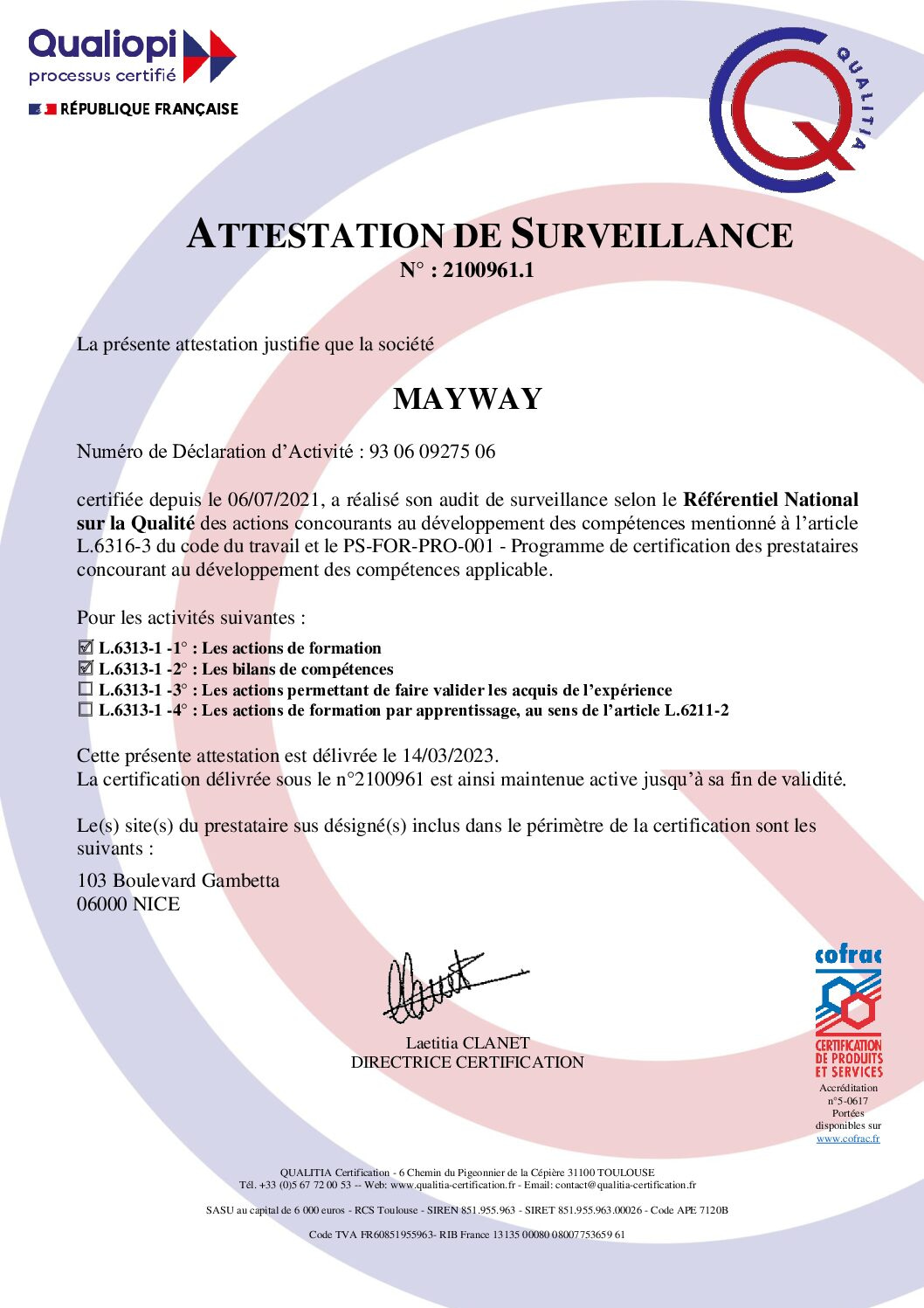 Quliopi Attestation de Surveillance MayWay pdf